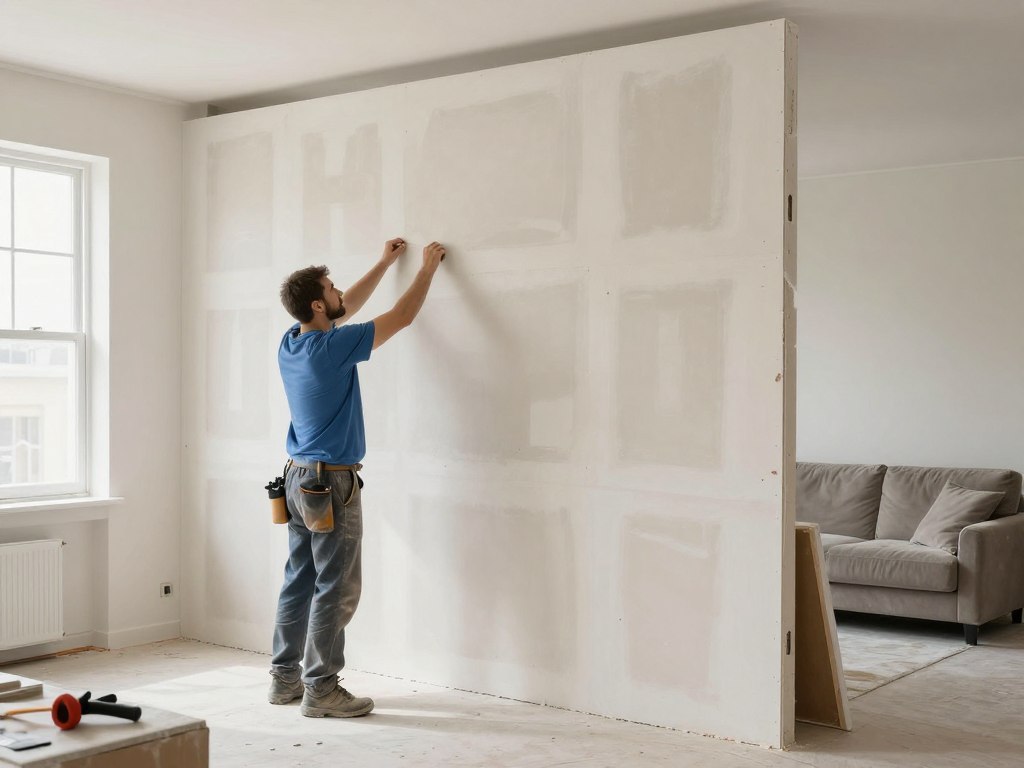 Montage einer neuen Trockenbauwand als Raumteiler in einem Wohnzimmer