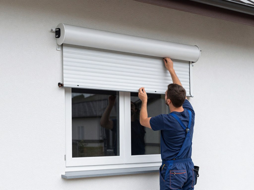 Montage eines modernen Rollladens über einem neuen Kunststofffenster