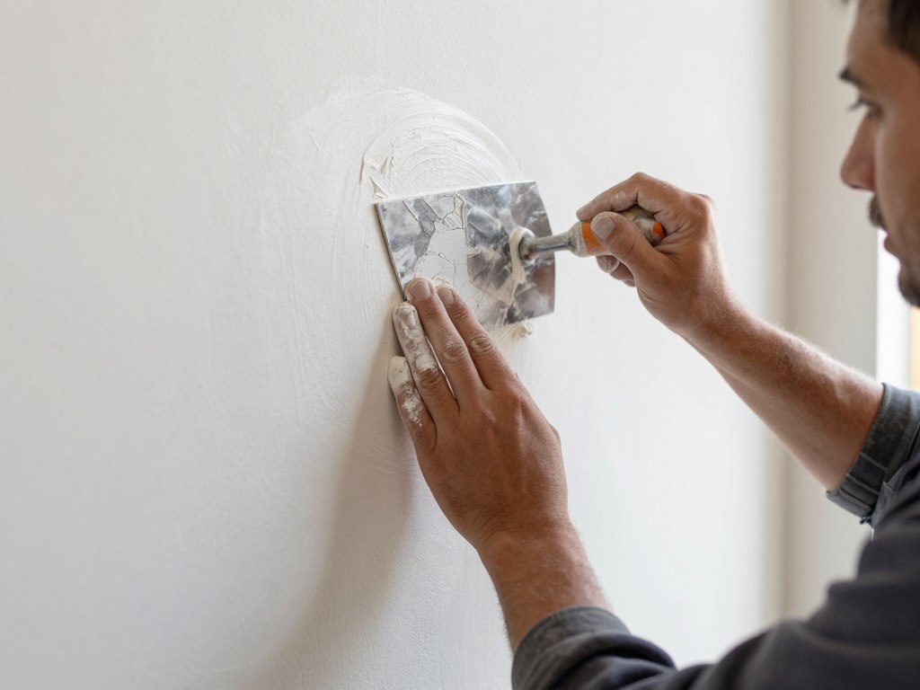 Nahaufnahme Verputzer Hände beim Auftragen von Innenputz mit Kelle