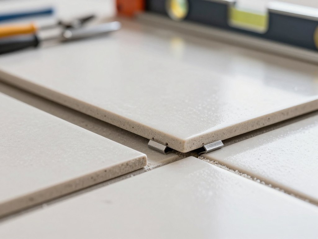 Nahaufnahme von präzise verlegten Fliesen mit gleichmäßigen Fugen und professioneller Verlegetechnik