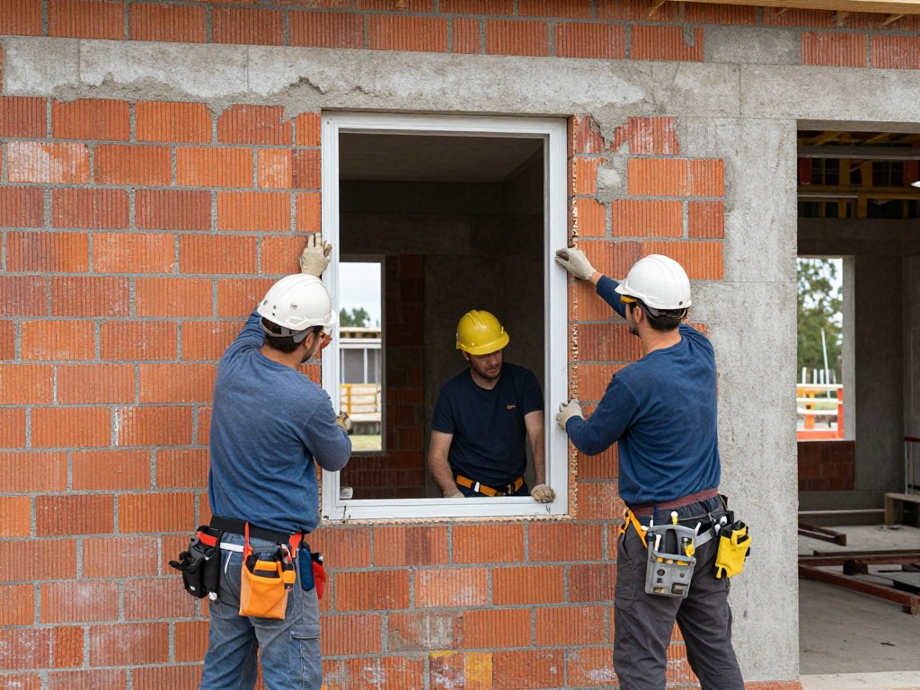 Neues Fenster wird in Rohbauöffnung eingesetzt beim Neubau in Oldenburg