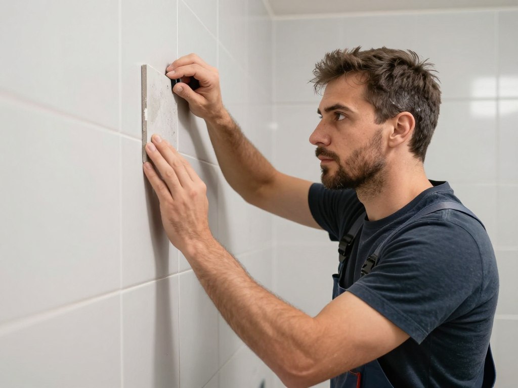 Polnischer Fliesenleger bei präziser Arbeit an einer Wandverkleidung in Bremen