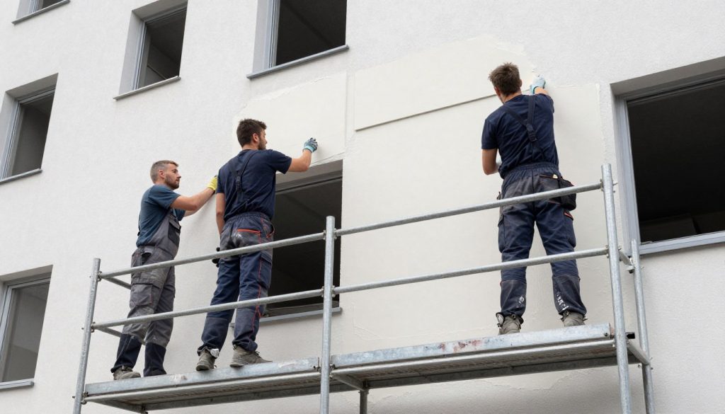 Polnisches Handwerkerteam bei professioneller Putzarbeit an Fassade