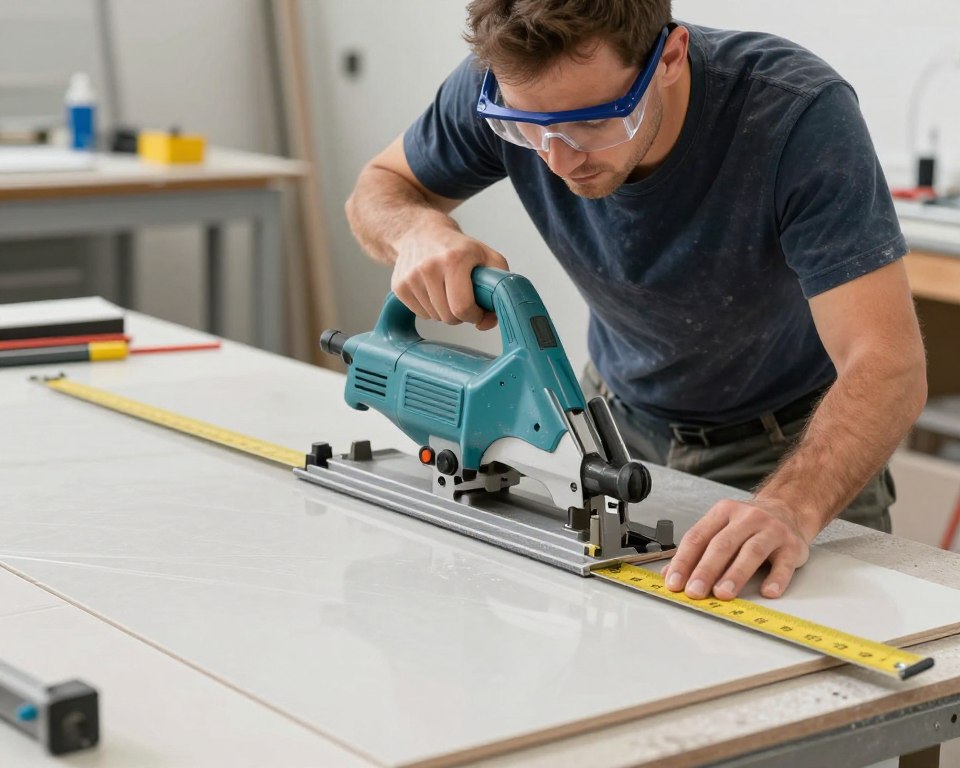 Professioneller Fliesenleger beim Zuschnitt von Bodenfliesen mit Nassschneidemaschine