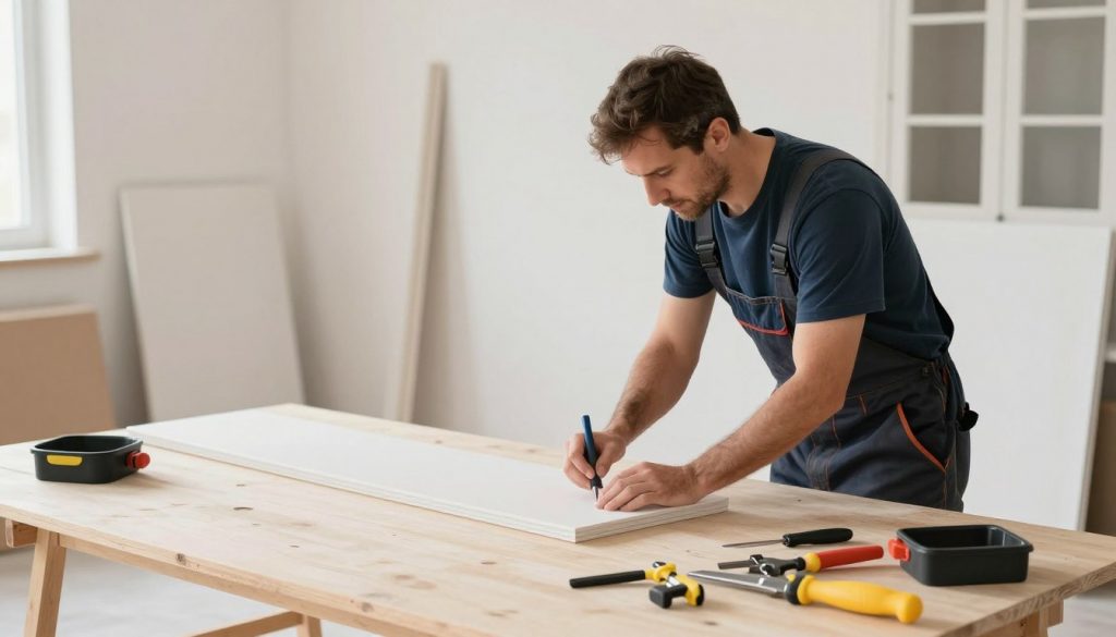 Professioneller Handwerker bei sauberer und präziser Renovierungsarbeit