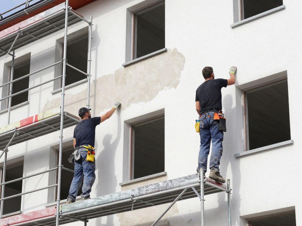 Professionelles Verputzer-Team arbeitet an Fassade in Oldenburg