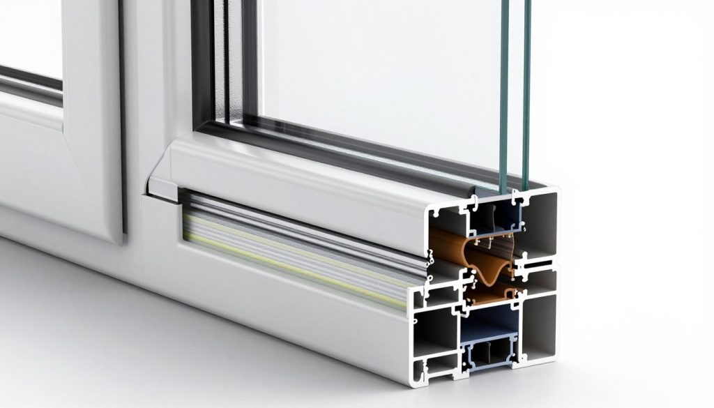 Querschnitt modernes Kunststofffenster mit Dreifachverglasung und Mehrkammerprofil