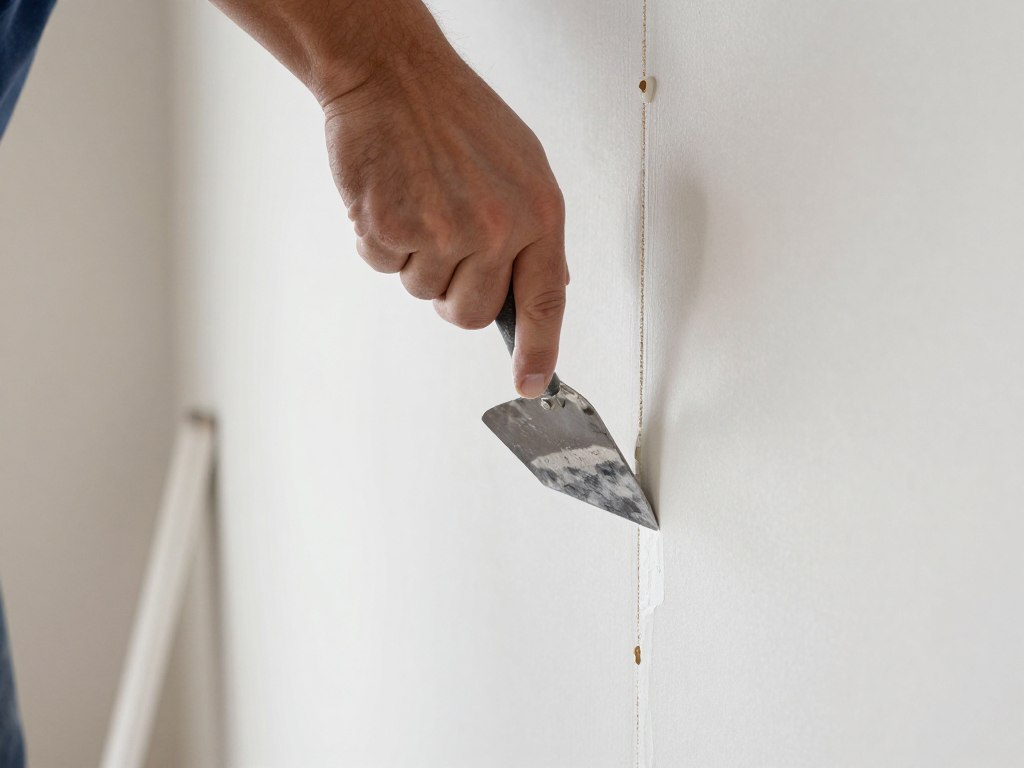 Trockenbauer beim präzisen Verspachteln von Gipskartonplattenfugen
