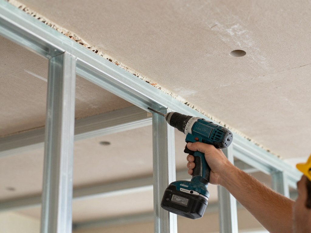 Trockenbauer montiert Gipskartonplatten an Metallprofilen