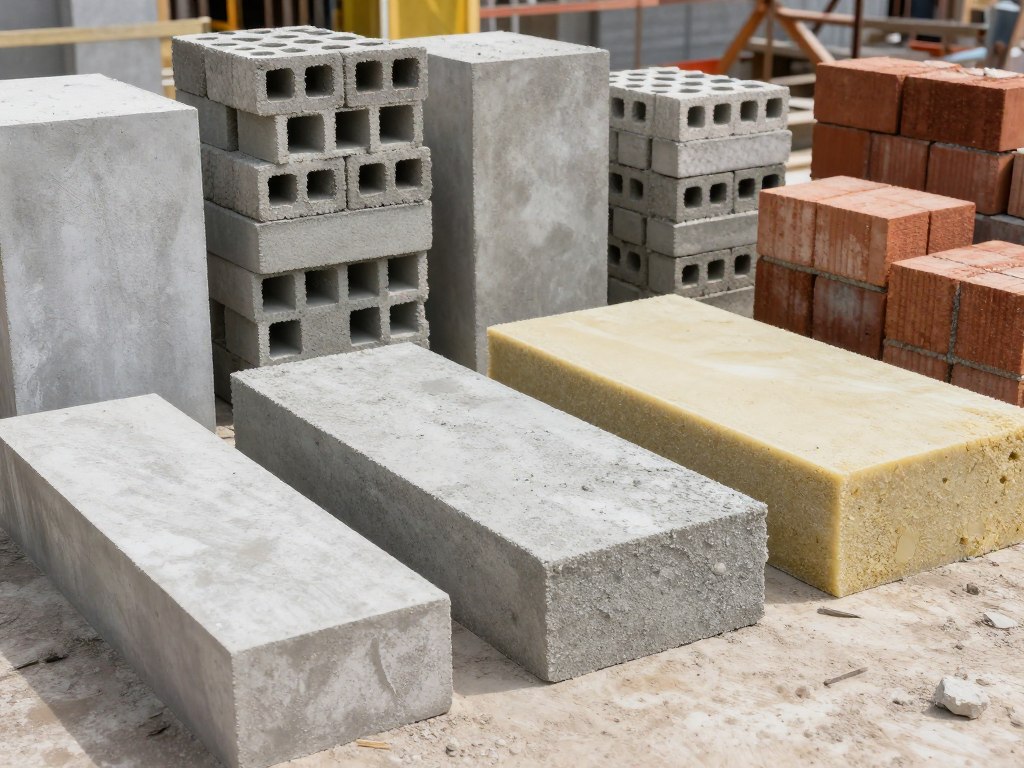 Unterschiedliche Mauersteine und Baumaterialien auf Baustelle