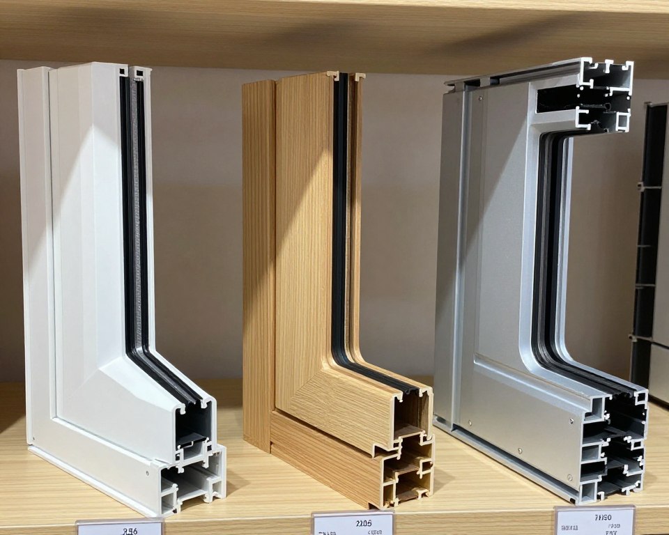 Vergleich verschiedener Fenstermaterialien Kunststoff Holz Aluminium mit Preisschildern