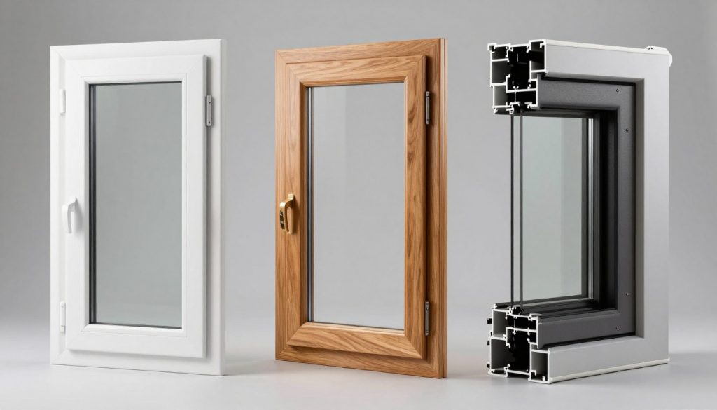 Vergleich von drei Fenstertypen: Kunststoff, Holz und Aluminium nebeneinander