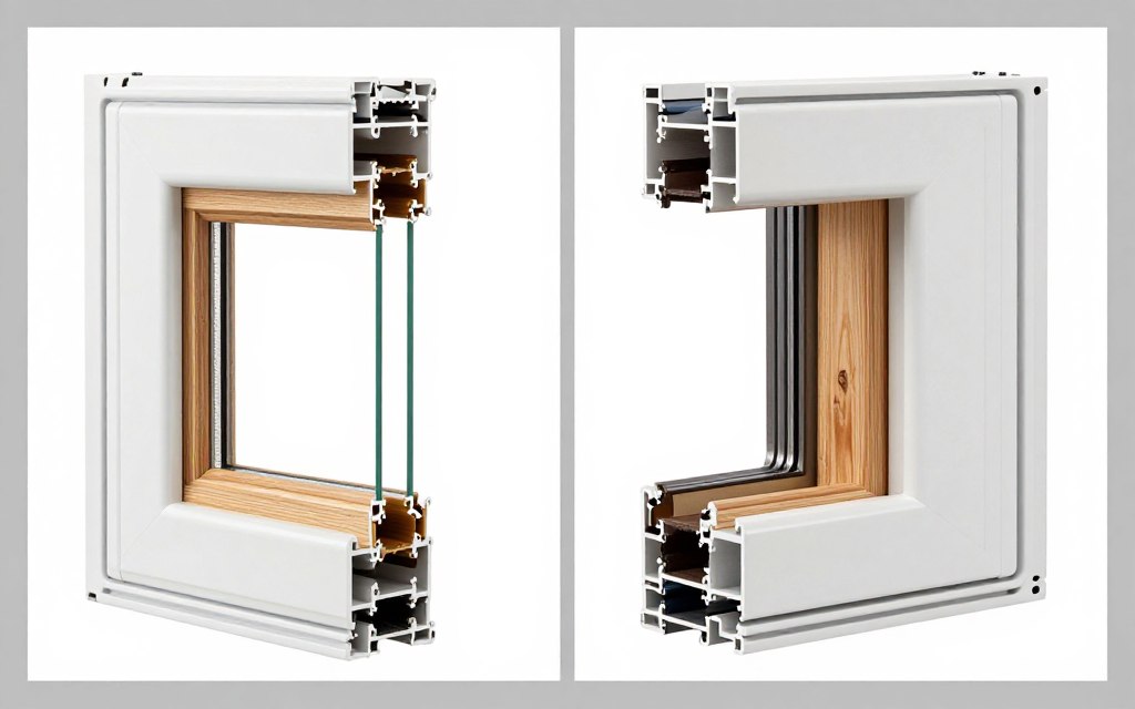 Vergleichsdarstellung verschiedener Fensterrahmen-Materialien: Kunststoff, Holz, Aluminium