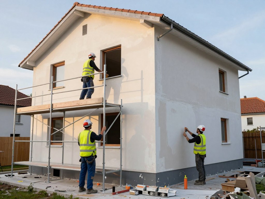 Verputzer Team bei Abschlussarbeiten Außenputz Fassade Wohnhaus Stuhr
