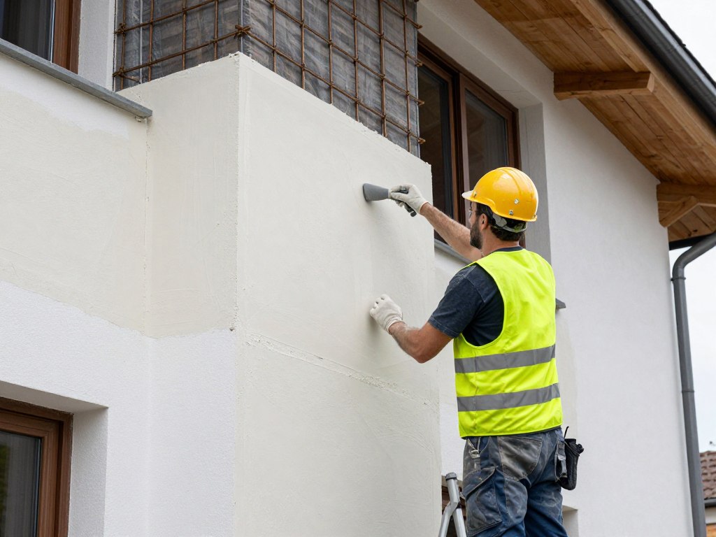Verputzer beim Auftragen von Außenputz auf WDVS Dämmung an Fassade