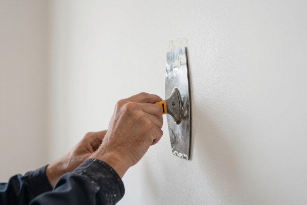 Verputzer glättet Feinputz an Innenwand mit Glättkelle