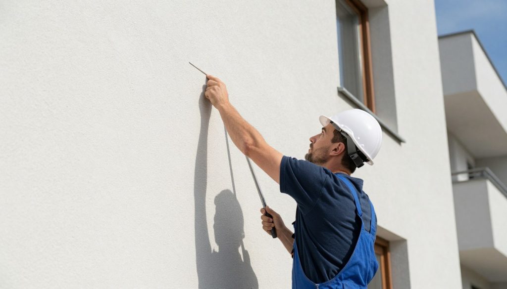 Verputzer inspiziert fertige Fassadenputz-Arbeiten in Oldenburg