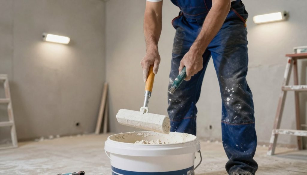 Verputzer mischt Sanierputz für feuchte Kellerwand in Oldenburg
