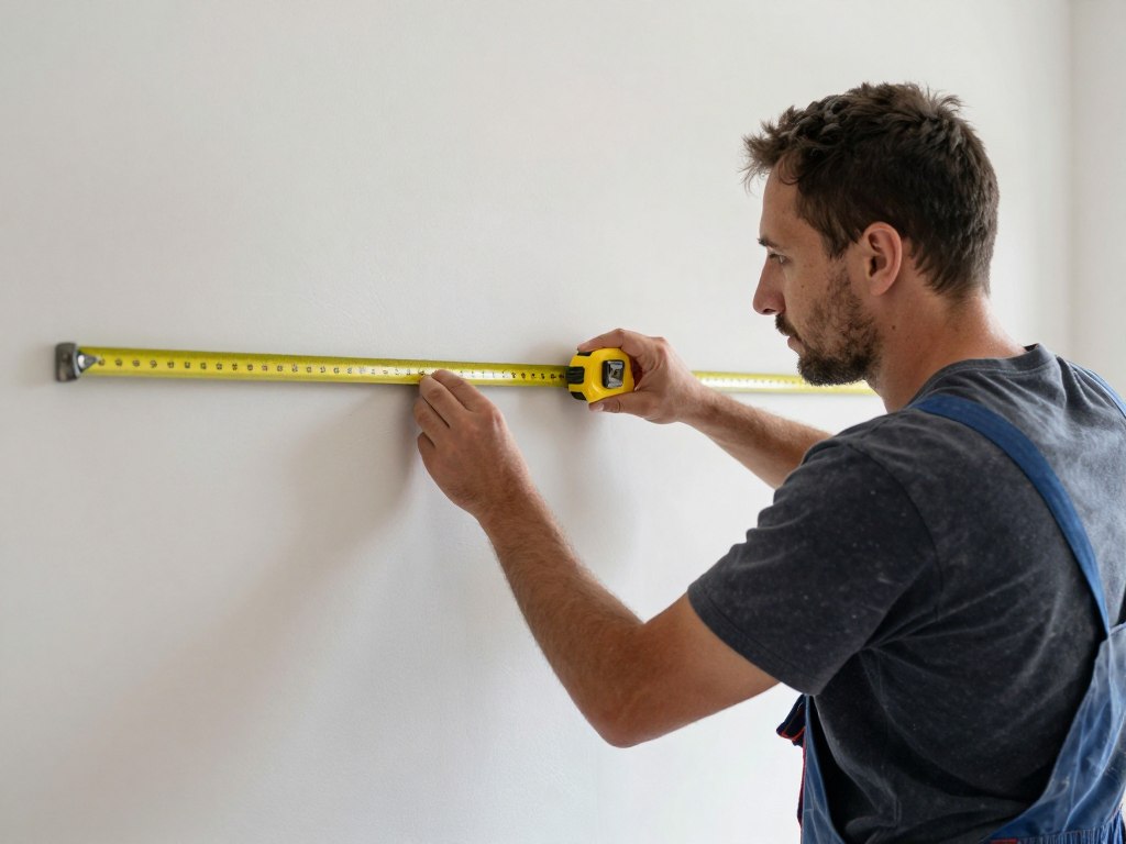 Verputzer misst Wandfläche aus, Vorbereitung der Kalkulation