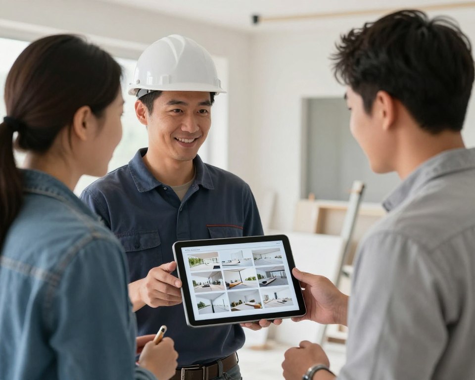 Verputzer zeigt Referenzfotos auf Tablet