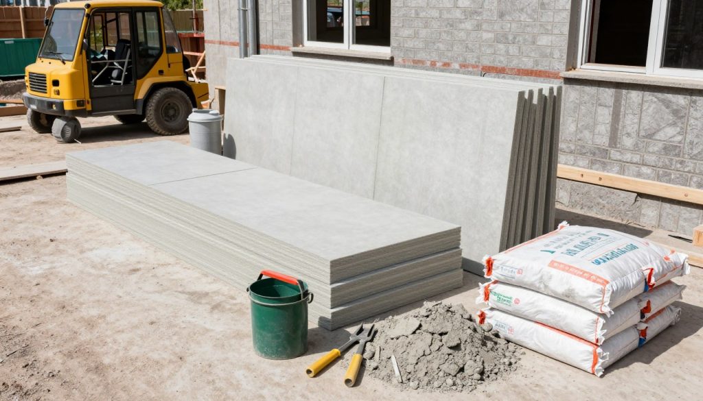 Verschiedene Baumaterialien und Werkzeuge für Altbausanierung