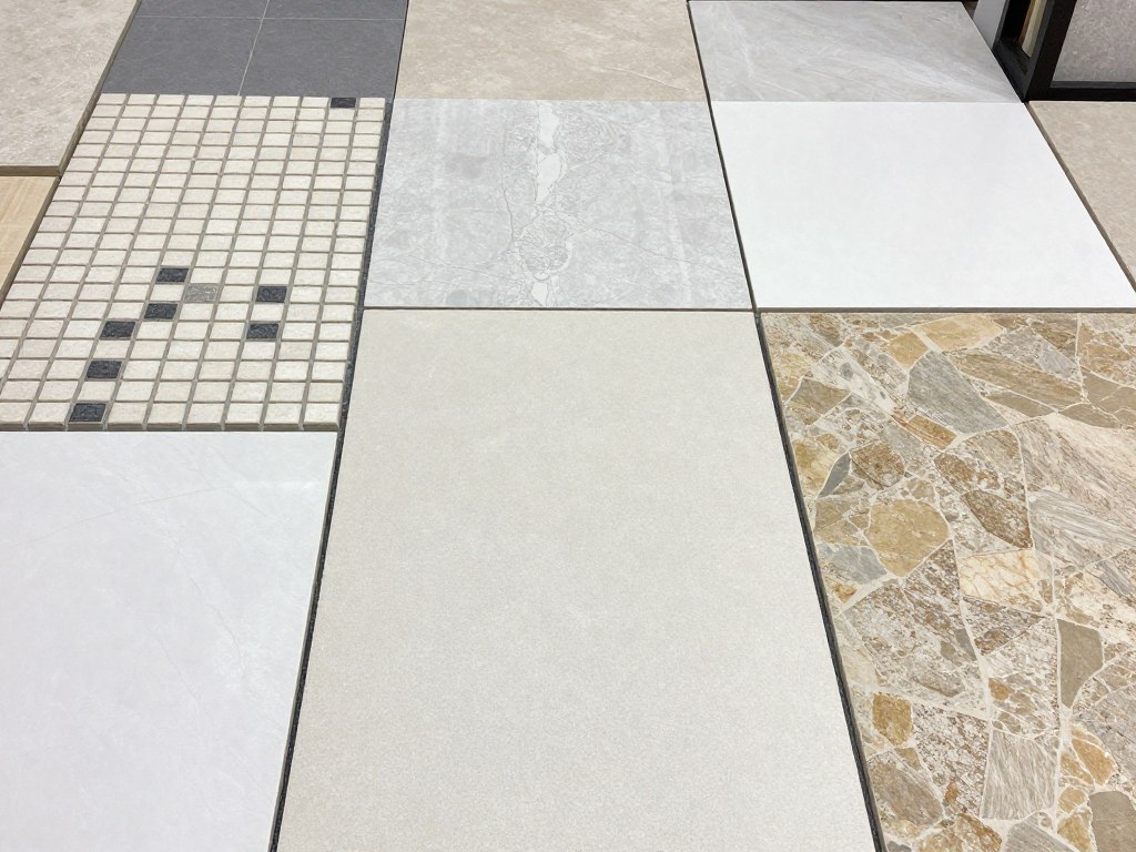 Verschiedene Bodenfliesen in unterschiedlichen Formaten und Materialien ausgelegt