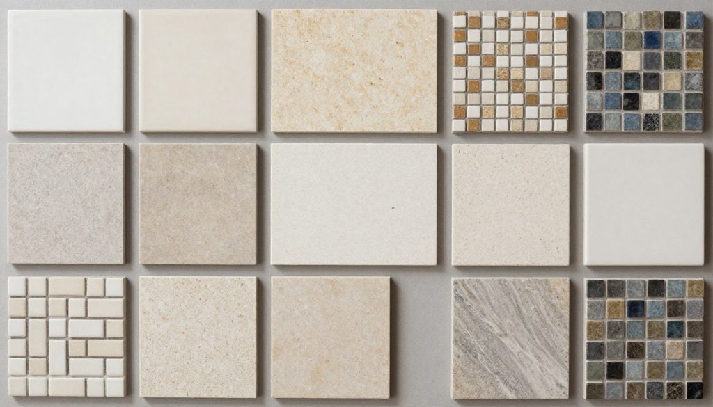 Verschiedene Fliesenarten: Keramik, Naturstein, Mosaik auf Ausstellungstisch