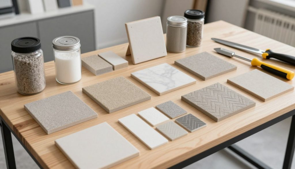 Verschiedene Fliesenarten und Fugenmaterialien auf einem Arbeitstisch