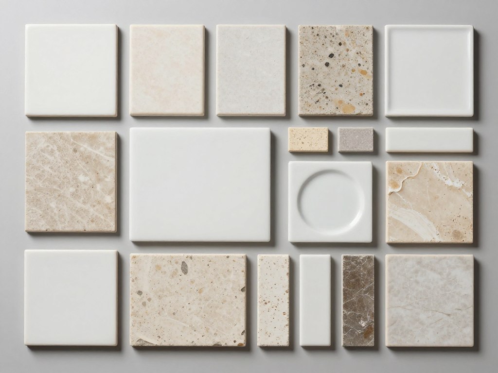 Verschiedene Fliesenmuster und Materialproben für Badezimmer und Küche