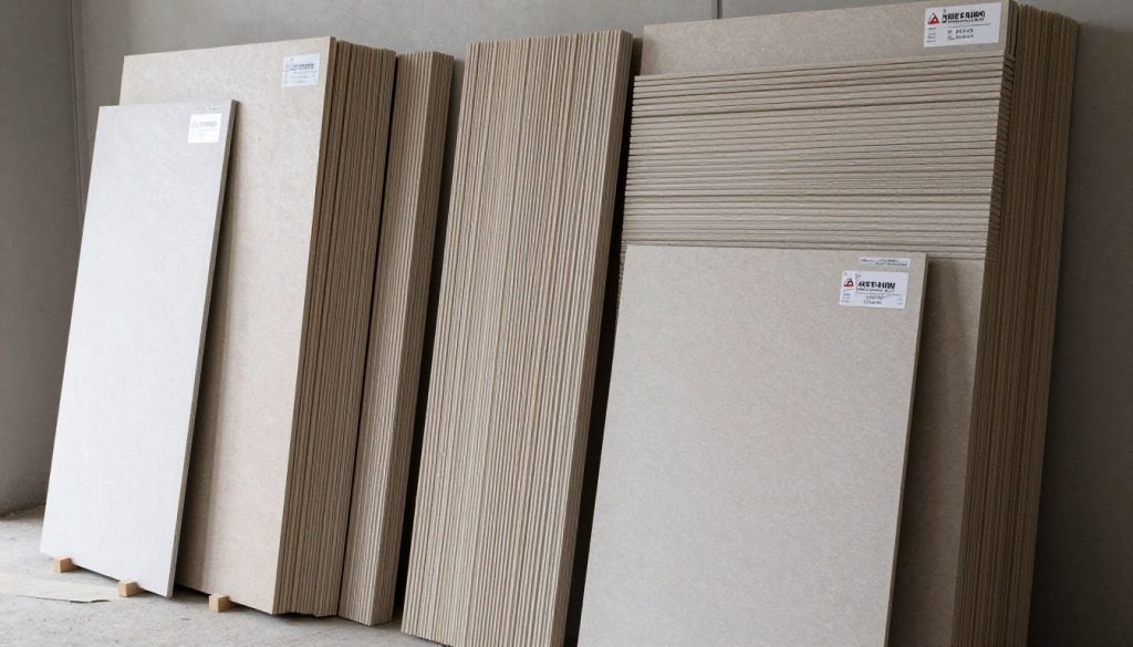 Verschiedene Gipskartonplatten und Trockenbau Materialien gestapelt