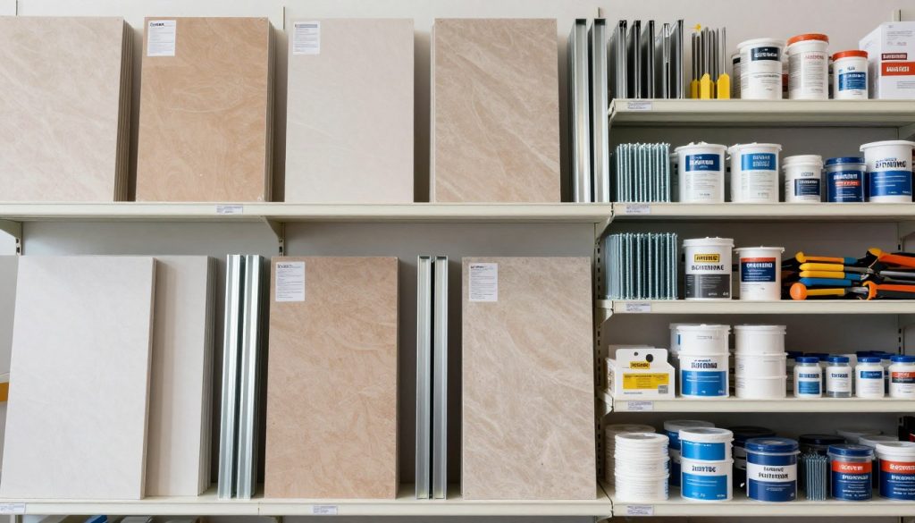 Verschiedene Materialien für Trockenbau: Gipskartonplatten und Metallprofile