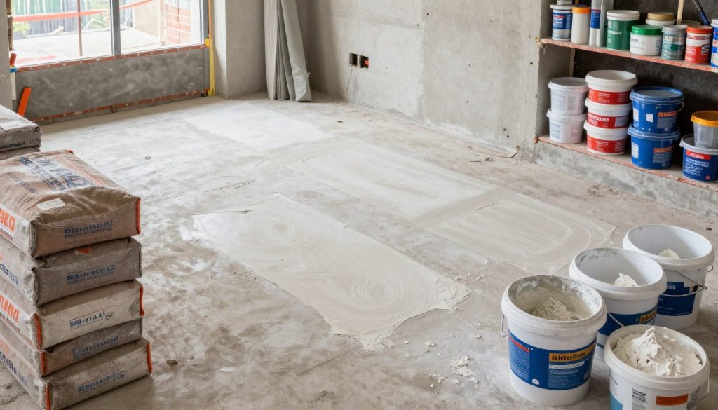 Verschiedene Putzmaterialien in Säcken und Eimern auf Baustelle