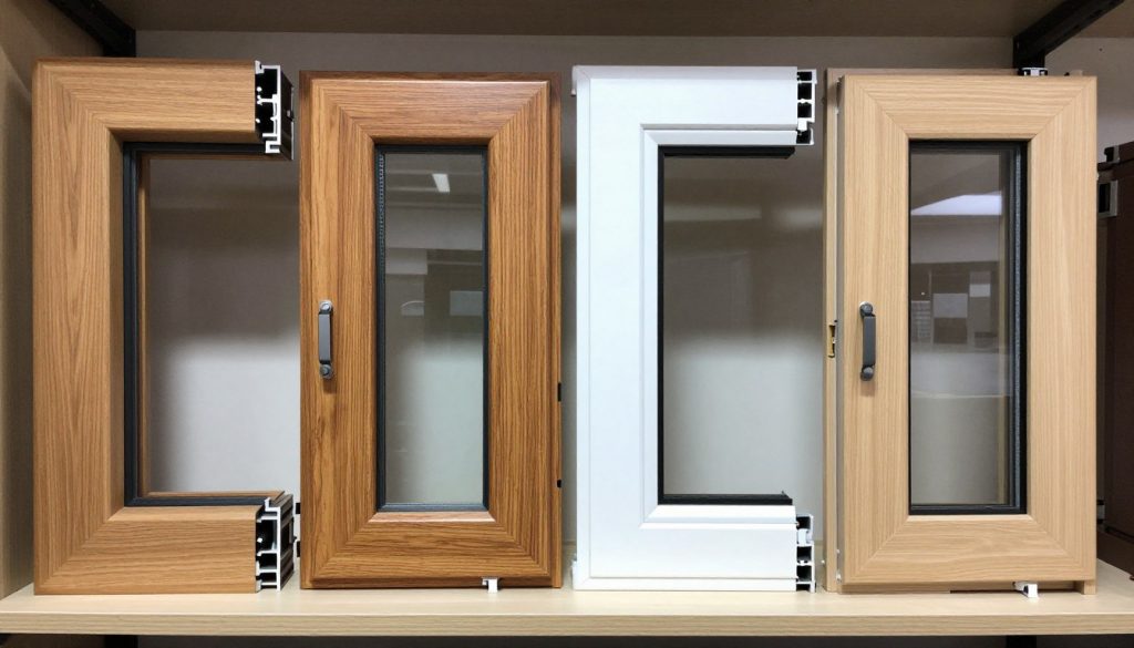 Vier verschiedene Fenstermuster nebeneinander: Kunststoff, Holz, Aluminium und Holz-Alu-Kombination