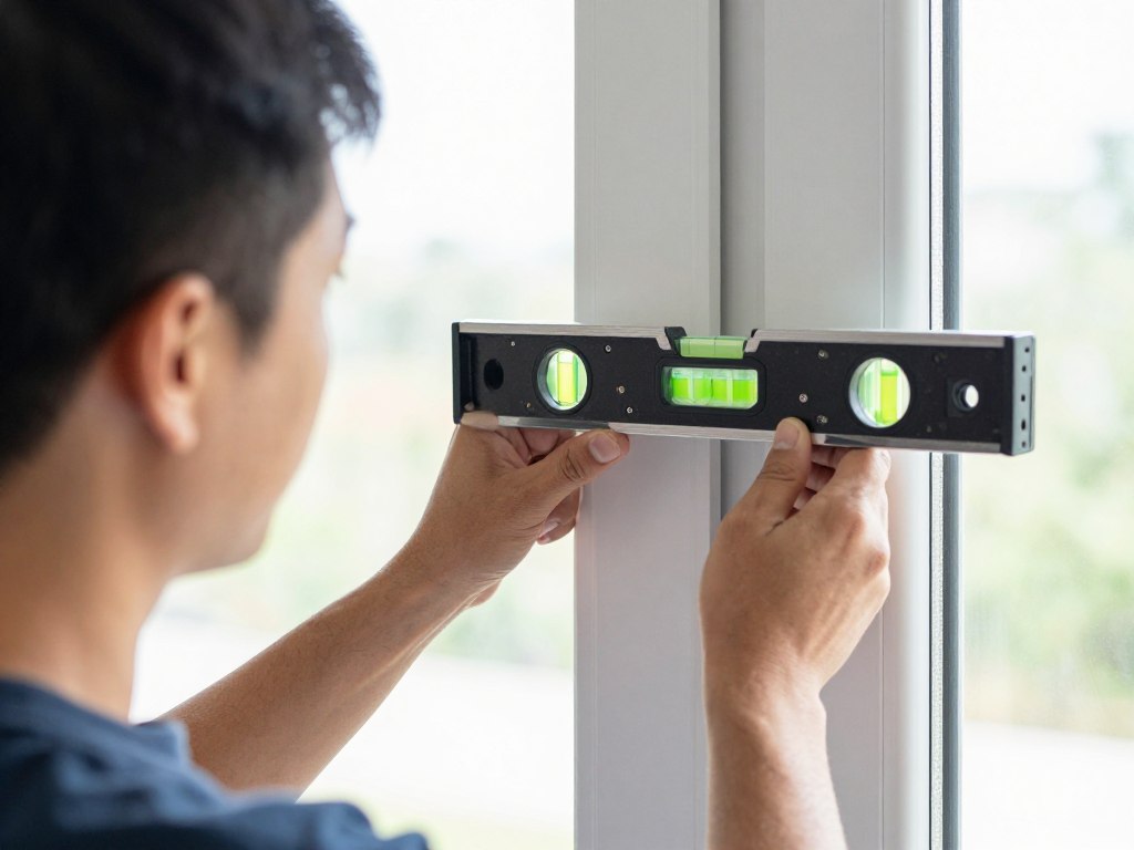 Wasserwaage bei präziser Fenstermontage aus Polen