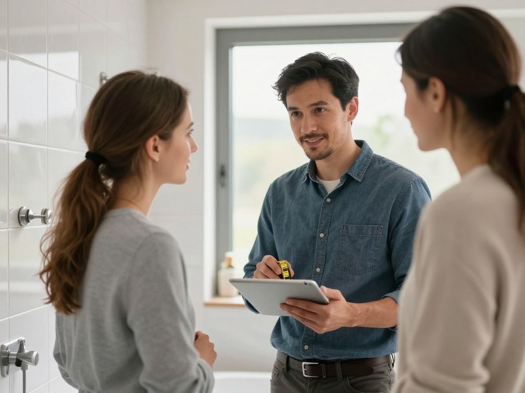 Werklotse Berater begutachtet Badezimmer für Fliesenverlegung vor Ort in Weyhe