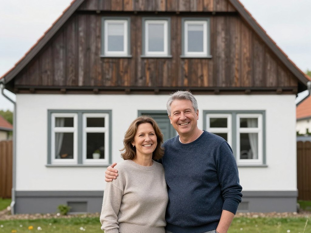 Zufriedene Hausbesitzer nach erfolgreicher Altbausanierung vor ihrem Haus