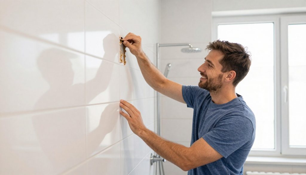 Zufriedener Hausbesitzer begutachtet frisch verlegte Badezimmerfliesen