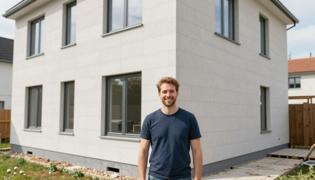 Zufriedener Hausbesitzer mit fertiggestellter Maurerarbeit in Bremen