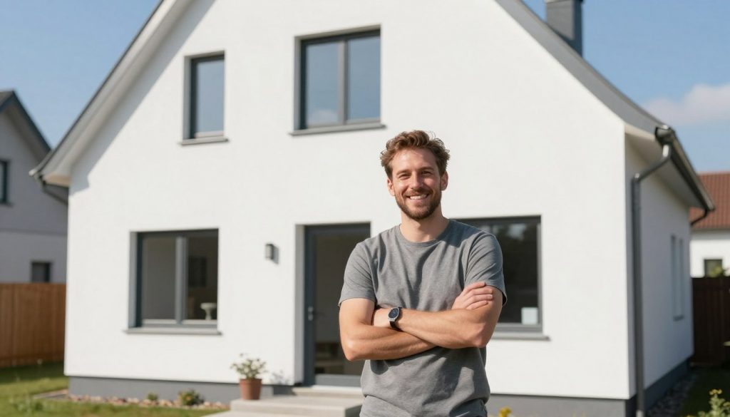 Zufriedener Hausbesitzer vor frisch verputzter Fassade in Oldenburg