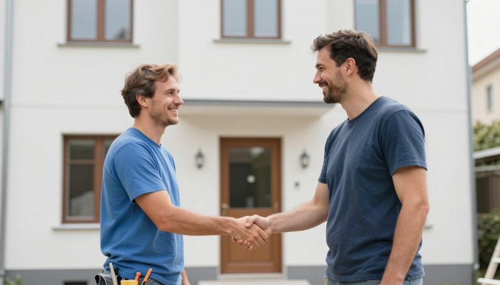 Zufriedener Kunde nach abgeschlossenen Verputzarbeiten