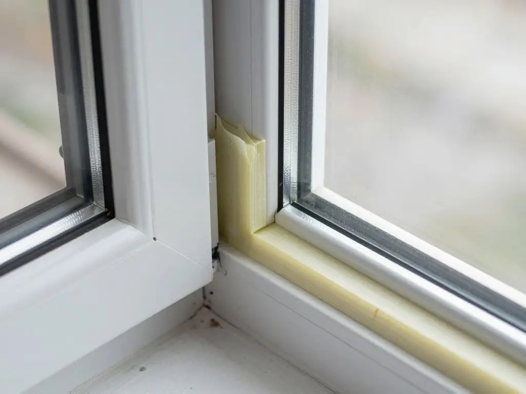 Detailaufnahme einer professionell abgedichteten Fensteranschlussfuge mit Dämmung