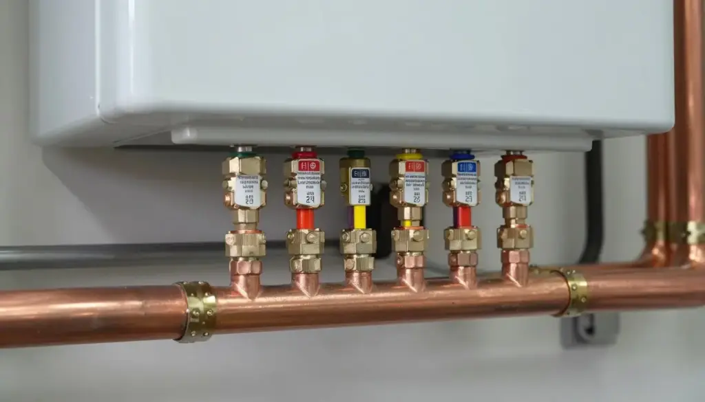 Detailaufnahme professioneller Heizungsinstallation mit beschrifteten Rohrleitungen