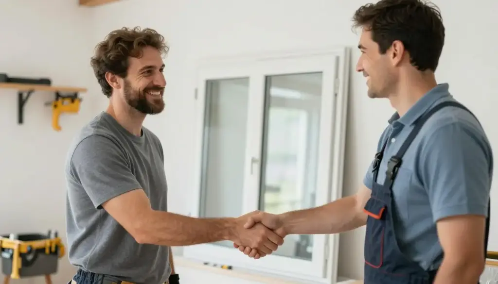 Handschlag zwischen Hausbesitzer und Fensterbauer nach erfolgreicher Vermittlung