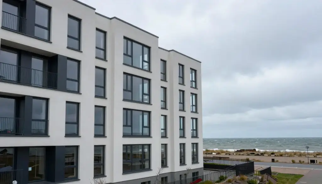 Küstenarchitektur Bremerhaven mit modernen Fenstern, Wohnhaus an der Nordsee mit Wind- und Wetterschutz, maritime Lage