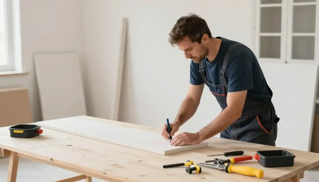 Professioneller Handwerker bei sauberer und präziser Renovierungsarbeit
