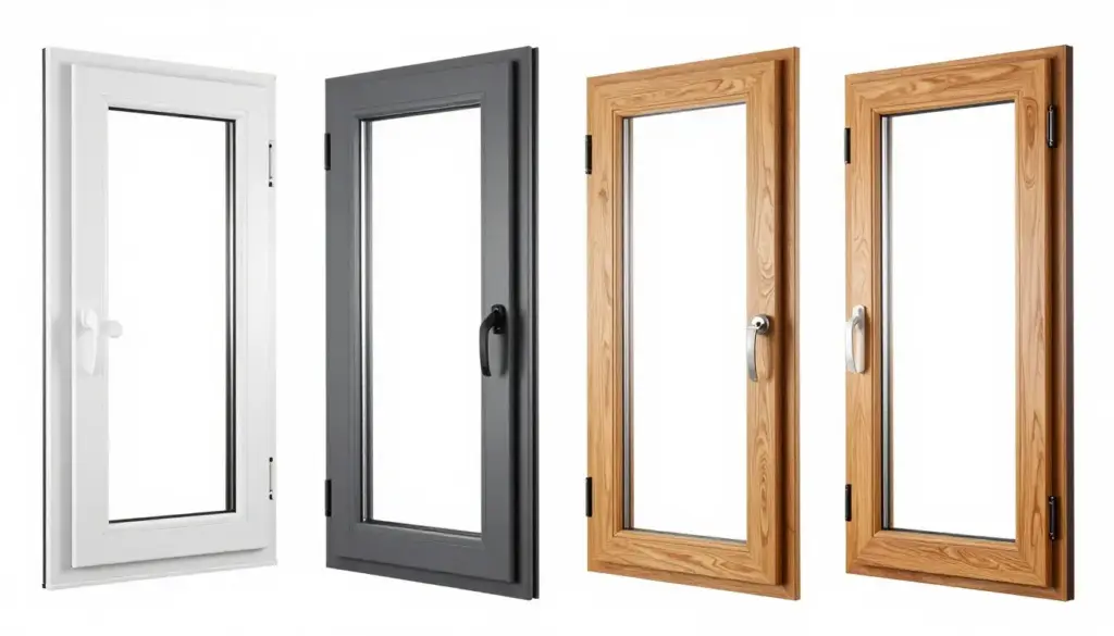 Verschiedene Fenstertypen nebeneinander: Kunststofffenster, Aluminiumfenster, Holzfenster, Materialvergleich für Fensterkauf