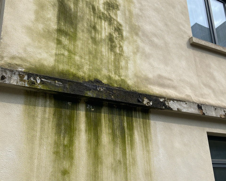 Algenbefall Fassade: Grüne und schwarze Algenverfärbungen auf Putzfassade mit Feuchtigkeit Algenbefall Fassade: Grüne und schwarze Algenverfärbungen auf Putzfassade mit Feuchtigkeit