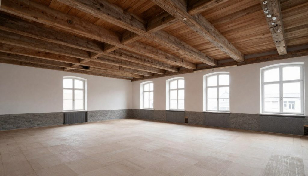Altbau in Bremerhaven mit Holzbalkendecke wird für Bodenverlegung vorbereitet Altbau in Bremerhaven mit Holzbalkendecke wird für Bodenverlegung vorbereitet