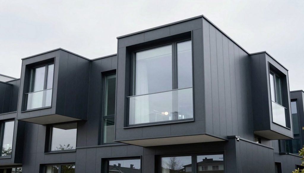Anthrazitfarbene Aluminiumfenster in moderner Fassade Anthrazitfarbene Aluminiumfenster in moderner Fassade