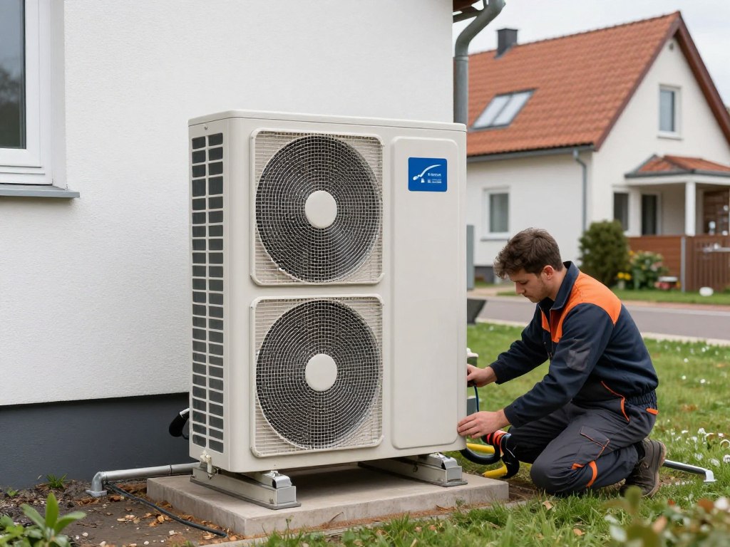 Außeneinheit einer Luft-Wasser-Wärmepumpe bei Installation in Bremerhaven Außeneinheit einer Luft-Wasser-Wärmepumpe bei Installation in Bremerhaven